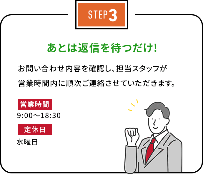 STEP3 あとは返信を待つだけ！お問い合わせ内容を確認し、担当スタッフが営業時間内に順次ご連絡させていただきます。営業時間：9:00～18:30　定休日：水曜日